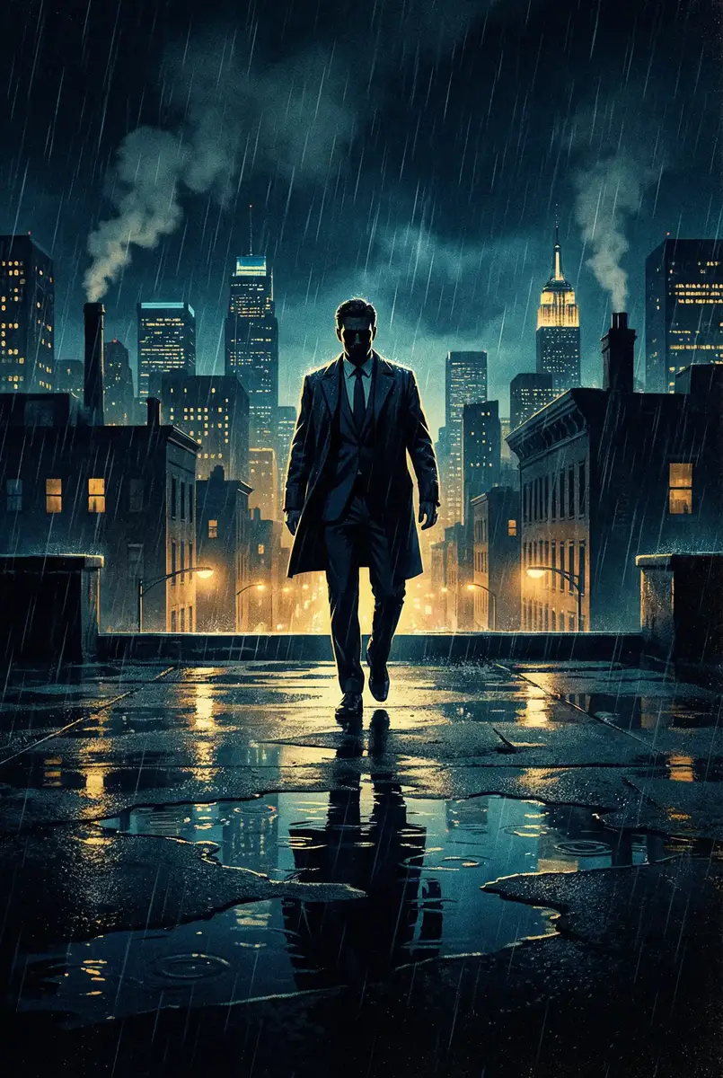 天龙八部2888 出品影片《雨夜独行者》海报，雨中城市屋顶男性剪影